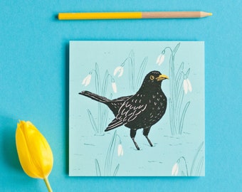 Frühlingshafte Postkarte Amsel mit Schneeglöckchen, florale Karte mit Illustrationen im Frühling oder einfach so im A6 Format