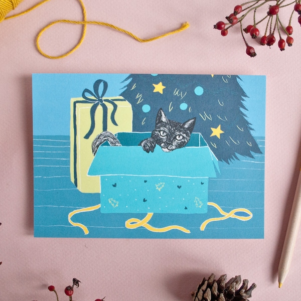 Weihnachtskarte Katze im Karton, Tierillustration im A6 Format