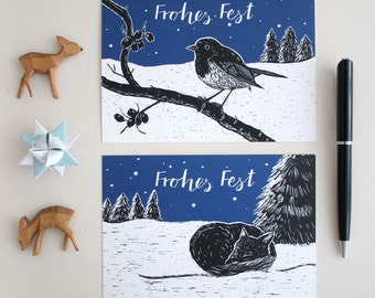 Pack of  2 christmascard with fox and robin, animal illustration