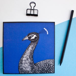 Carte postale paon, illustration oiseau pour amoureux de la nature