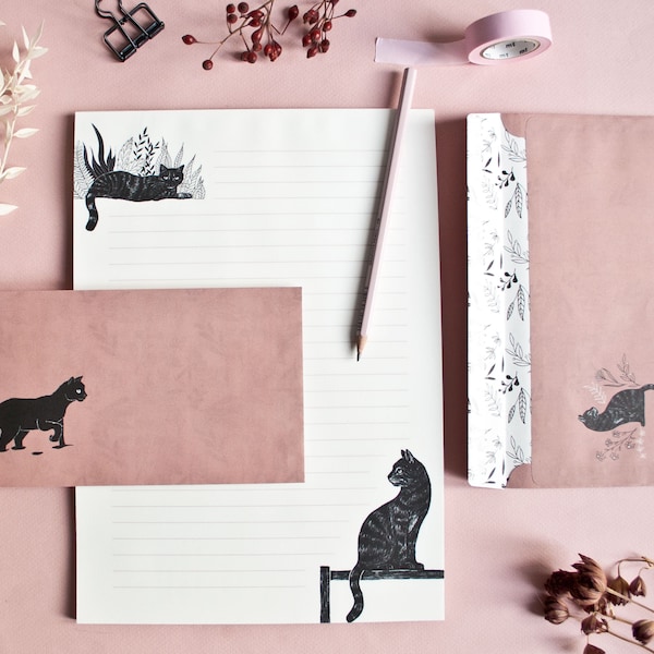 Set de papelería con temática de gatos, bloc de notas tamaño A4 y 10 sobres.