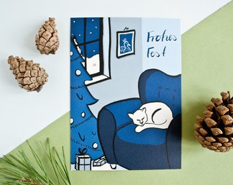 Carte de Noël illustrée avec chat, Joyeux Noël Illustration d’animaux