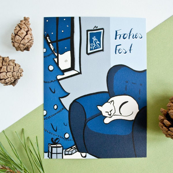 Illustrierte Weihnachtskarte mit Katze, Frohes Fest Tierillustration