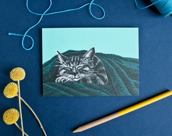 Postcard sleeping cat under the blanket, A6
