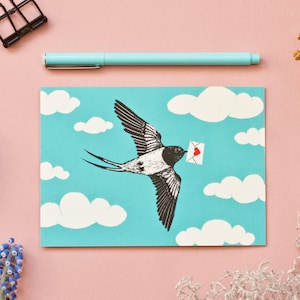 Carte postale Hirondelle avec lettre d'amour, format A6
