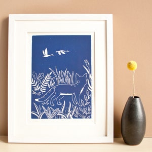 Linocut print fox and swans, original printmaking