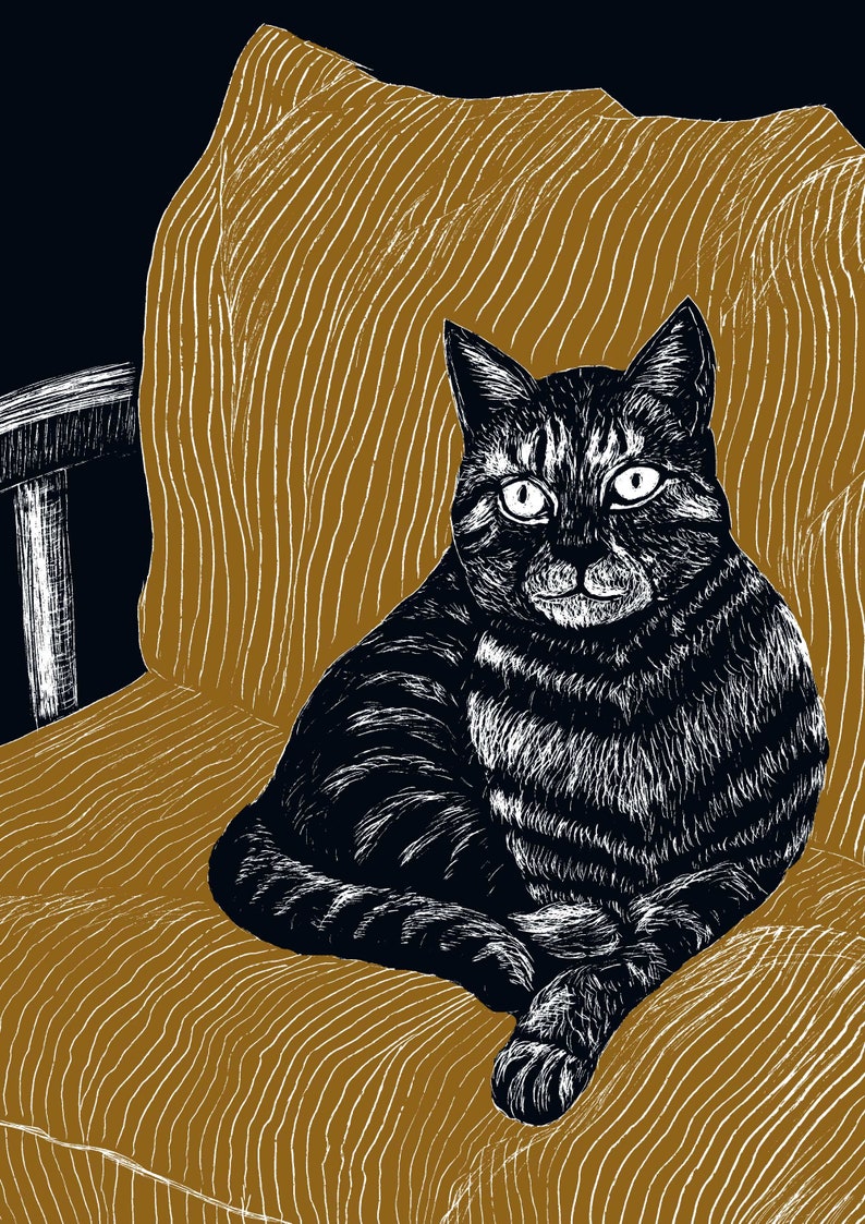 May include: A black and white illustration of a tabby cat seated on a mustard-colored, striped armchair. The cat has large, wide eyes and is looking directly at the viewer. The background is a dark navy blue.