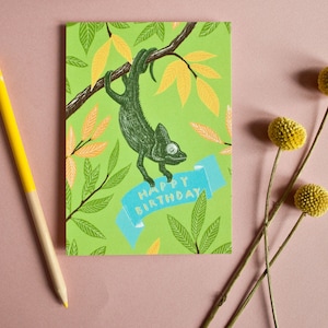 Carte d'anniversaire caméléon, carte postale anniversaire