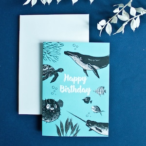 Grußkarte Happy Birthday, Klappkarte mit Unterwassertieren, C6