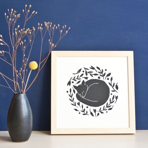 Black sleeping cat, Original linocut