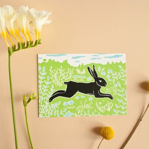Postkarte Hase grün, Tierillustration, Grußkarte Illustration, Schabekarton, Ostern, Karte, Frühling, grün schwarz