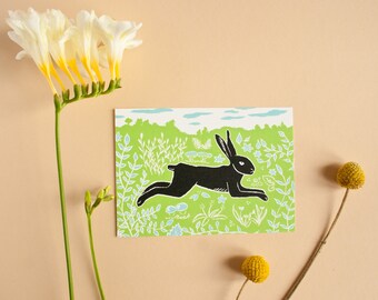 Carte postale lapin vert, illustration animal, illustration carte de voeux, carton gratté, Pâques, carte, printemps, vert noir