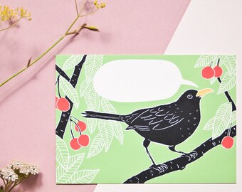 Postkarte Amsel mit Sprechblase zum selbst beschriften