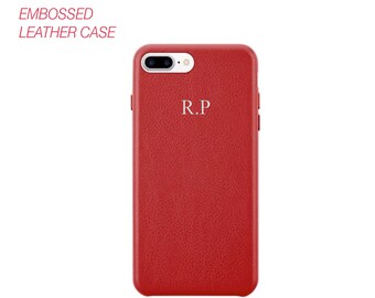 PERSONALISED RED  Leather case iPhone X 8 Plus 7 /6/6s Initial mongram Cover with Rose Gold and Silver Embossing