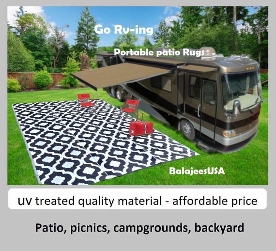 B-USA Large Plastic straw Indoor Outdoor rugs reversible waterproof camper mat patio - 5'x7' 6'x9', 9'x12' Blue, Black