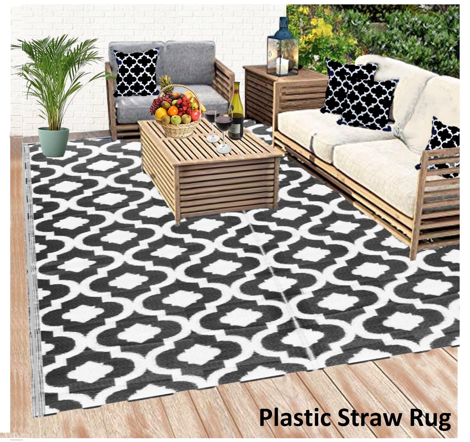  Reversible Mats - Outdoor Rugs 9'x12' for Patios Clearance,  Plastic Straw Rugs Waterproof, Portable, Large Floor Mat and Rugs for  Outdoor RV, Balcony, Picnic, Beach, Camping(Black & Cream White) : Patio