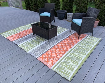 B-USA Outdoor Rugs Plastic Straw Rugs waterproof Reversible Patio Rugs–9'x18',9'x12',6'x9',5'x7', Green, Orange Durable However Color Fades