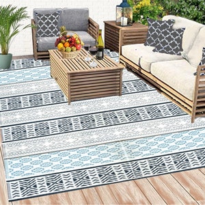 B-USA Large Plastic Outdoor Rugs, Reversible,Camper Patio mat carpet 5&#39;x7&#39; 6&#39;x9&#39;,9&#39;x12&#39;,9&#39;x18&#39; Gray & Teal- verify all info to avoid returns