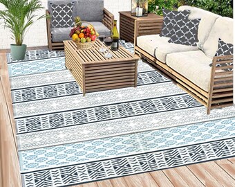 thumbnail image 2 of BalajeesUSA 6x9ft Indoor/Outdoor Moroccan Rug – Blue/White Reversible RV Mat 2 of 4