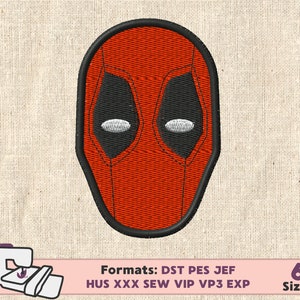 May include: Red and black embroidered Deadpool mask design. Formats: DST PES JEF HUS XXX SEW VIP VP3 EXP. 6 Sizes.