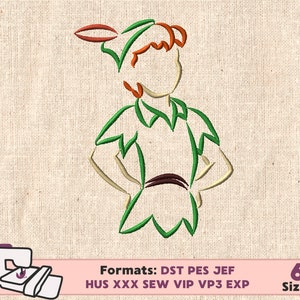 May include: Green and orange line art embroidery design of Peter Pan, a fictional character from the novel Peter Pan and Wendy by J.M. Barrie. The design includes a green hat with a red feather, a green shirt, and brown belt. The design is available in six sizes. Formats: DST, PES, JEF, HUS, XXX, SEW, VIP, VP3, EXP.
