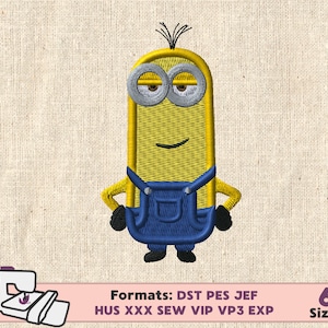 May include: A yellow and blue embroidered design of a minion character with a mischievous smile. The design includes details like the minion's signature goggles and overalls.  Formats: DST PES JEF HUS XXX SEW VIP VP3 EXP. 6 Sizes.