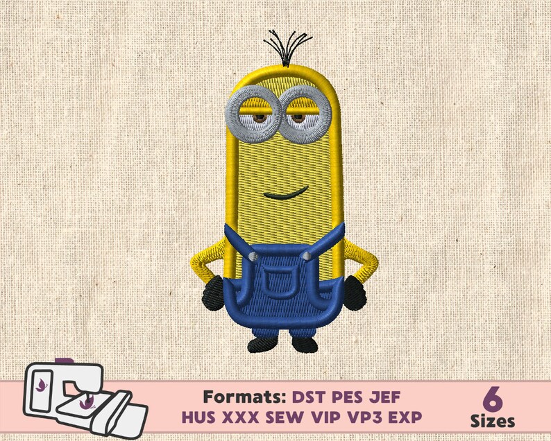 May include: A yellow and blue embroidered design of a minion character with a mischievous smile. The design includes details like the minion's signature goggles and overalls.  Formats: DST PES JEF HUS XXX SEW VIP VP3 EXP. 6 Sizes.