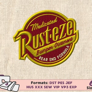 Pode incluir: Um remendo bordado em vermelho e dourado com o texto "Medicated Rusteze Bumper Ointment REAR END FORMULA".