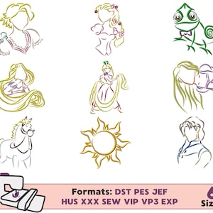 RAPUNZEL PRINCESS EMBROIDERY design, tangled rapunzel pascal machine embroidery design, flynn rapunzel embroidery design, pascal tangled Emb