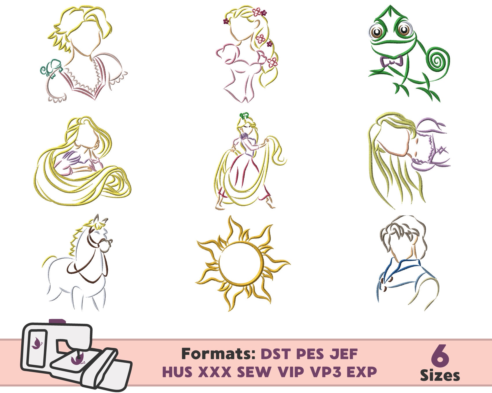 RAPUNZEL PRINCESS EMBROIDERY design, tangled rapunzel pascal machine embroidery design, flynn rapunzel embroidery design, pascal tangled Emb