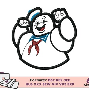 May include: Black and white line art illustration of a cartoon ghost wearing a sailor's hat and a red scarf. The ghost is smiling and has its arms raised in the air. The image is a digital embroidery design.