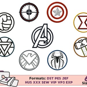 May include: Set of 9 embroidery designs featuring various Marvel superhero logos, including Iron Man, Captain America, Thor, Hulk, Black Widow, Hawkeye, Spider-Man, and the Avengers logo. The designs are in black and white and are perfect for embroidery projects.