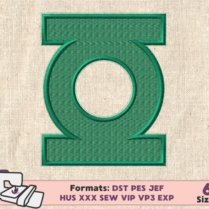 May include: Green Lantern logo embroidery design. The design features a green circle with a white center, framed by a green rectangle above and below. The design is on a beige fabric background. The image also includes text indicating the design is available in multiple formats and sizes.