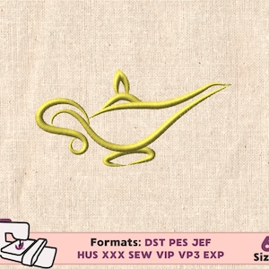 May include: A gold-colored genie lamp embroidery design. The design is a simple outline of a lamp with a curved spout and a decorative top. The design is on a beige linen background. Formats: DST PES JEF HUS XXX SEW VIP VP3 EXP. 6 Sizes.
