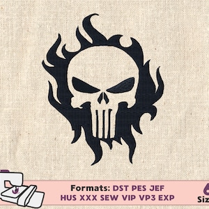 May include: Black and white embroidery design of a skull with flames. The design is available in six sizes and in the following formats: DST, PES, JEF, HUS, XXX, SEW, VIP, VP3, EXP.