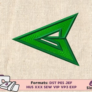 May include: Green arrow logo embroidery design in six sizes. The design is available in the following formats: DST, PES, JEF, HUS, XXX, SEW, VIP, VP3, EXP.