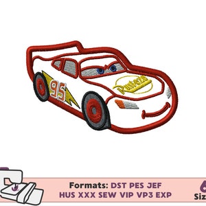 May include: Red and white cartoon race car with the number 95 on the side and the word "Rust-eze" on the hood. The car has black wheels and a yellow lightning bolt on the side.