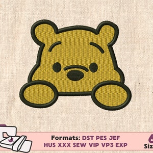 May include: Embroidered design of Winnie the Pooh, a cartoon bear with a yellow body and black outline. The design is available in 6 sizes and in formats: DST, PES, JEF, HUS, XXX, SEW, VIP, VP3, EXP.