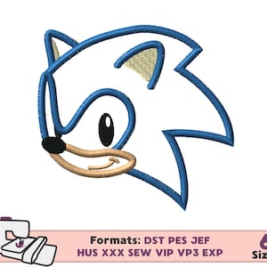May include: Blue and beige embroidery design of Sonic the Hedgehog's head. The design is available in six sizes and in the following formats: DST, PES, JEF, HUS, XXX, SEW, VIP, VP3, EXP.