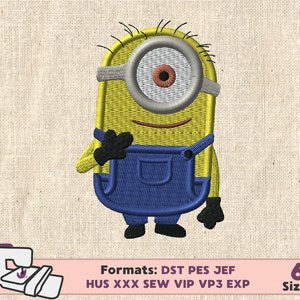 May include: A yellow and blue cartoon character with one large eye and a mischievous grin. The character is wearing blue overalls and is standing on a white background. The text "Formats: DST PES JEF HUS XXX SEW VIP VP3 EXP" and "6 Sizes" is visible below the character.