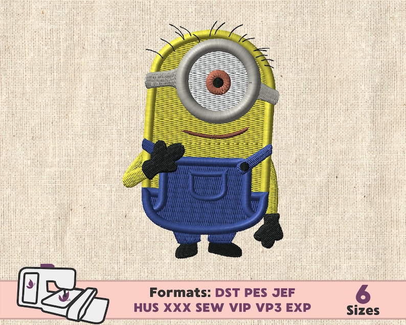 May include: A yellow and blue cartoon character with one large eye and a mischievous grin. The character is wearing blue overalls and is standing on a white background. The text "Formats: DST PES JEF HUS XXX SEW VIP VP3 EXP" and "6 Sizes" is visible below the character.
