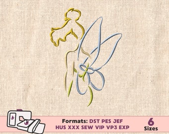 May include: A digital embroidery design of a fairy with yellow hair and blue wings. The design includes the text "Formats: DST PES JEF HUS XXX SEW VIP VP3 EXP" and "6 Sizes".