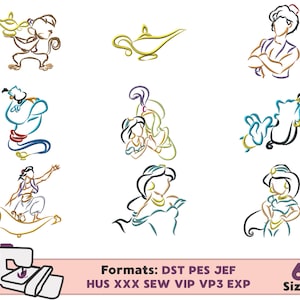 Peut inclure: Un ensemble de six motifs de broderie représentant des personnages du film Aladdin. Les motifs incluent Aladdin, Jasmine, Abu, le Génie et le tapis magique. Les motifs sont disponibles en six tailles différentes.