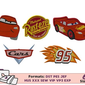 Puede incluir: Seis diseños de bordado con los personajes y logotipos de la película Cars de Disney Pixar. Los diseños incluyen Rayo McQueen, el logotipo de Rust-eze, el logotipo de Cars y el número 95 en llamas.
