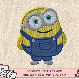 May include: A yellow and blue embroidered design of a minion character wearing overalls. The design is available in 6 sizes and in the following formats: DST, PES, JEF, HUS, XXX, SEW, VIP, VP3, EXP.
