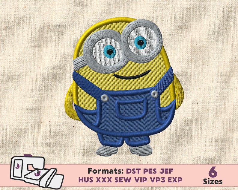 May include: A yellow and blue embroidered design of a minion character wearing overalls. The design is available in 6 sizes and in the following formats: DST, PES, JEF, HUS, XXX, SEW, VIP, VP3, EXP.