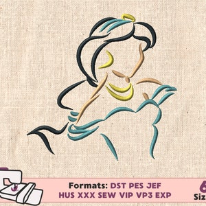 May include: Line art embroidery design of a cartoon princess with a blue and yellow dress. The design is available in six sizes and in the following formats: DST, PES, JEF, HUS, XXX, SEW, VIP, VP3, EXP.