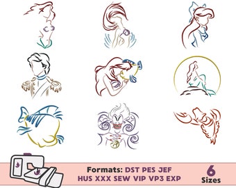 ARIEL Little Mermaid EMBROIDERY DESIGN, Ariel mermaid machine embroidery file pattern, little mermaid embroidery design silhouette outline