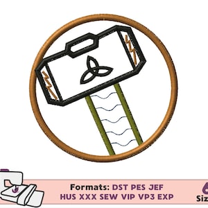 May include: An embroidered design featuring a hammer with a black handle and head, a green shaft, and a brown circular border. The hammer head has a Celtic knot design. The image also includes a sewing machine graphic and text indicating embroidery file formats and sizes.