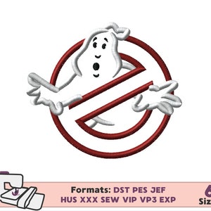 May include: Red and white embroidery design of the Ghostbusters logo with a ghost in the center. The logo says "No Ghost" with a diagonal line through it. The design is available in 6 sizes.